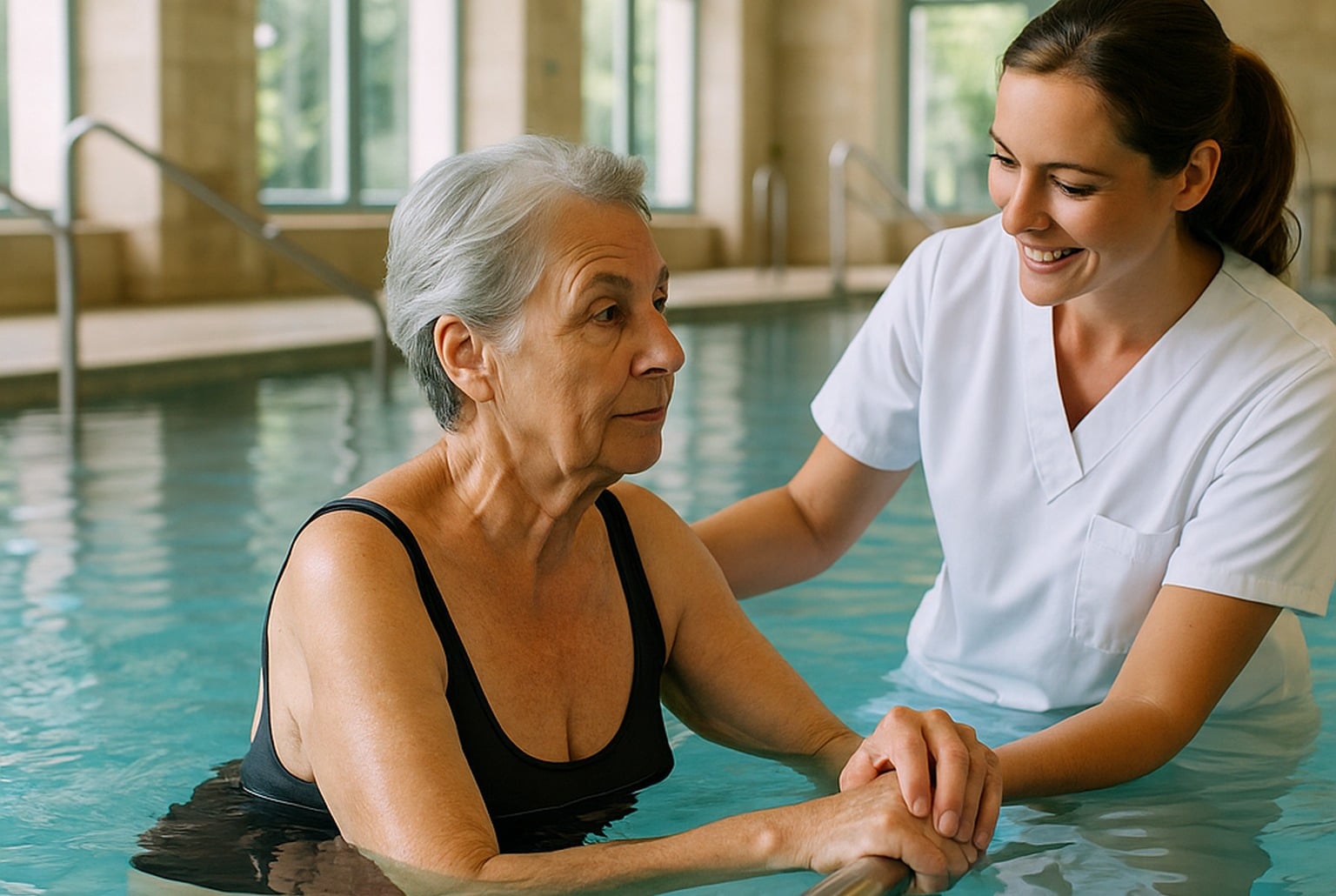Hydrothérapie en piscine : une soignante assiste une femme âgée durant une séance dans un établissement thermal lumineux.
