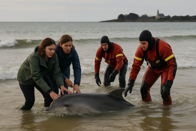 Deux promeneuses et des pompiers maintiennent un jeune dauphin blessé dans l’eau, plage de Penvins à Sarzeau, Bretagne.