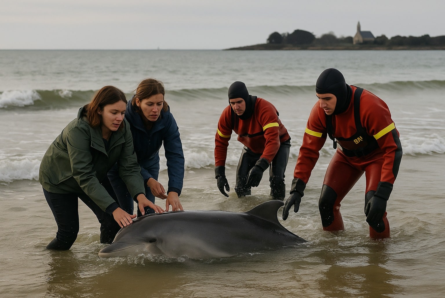 Deux promeneuses et des pompiers maintiennent un jeune dauphin blessé dans l’eau, plage de Penvins à Sarzeau, Bretagne.