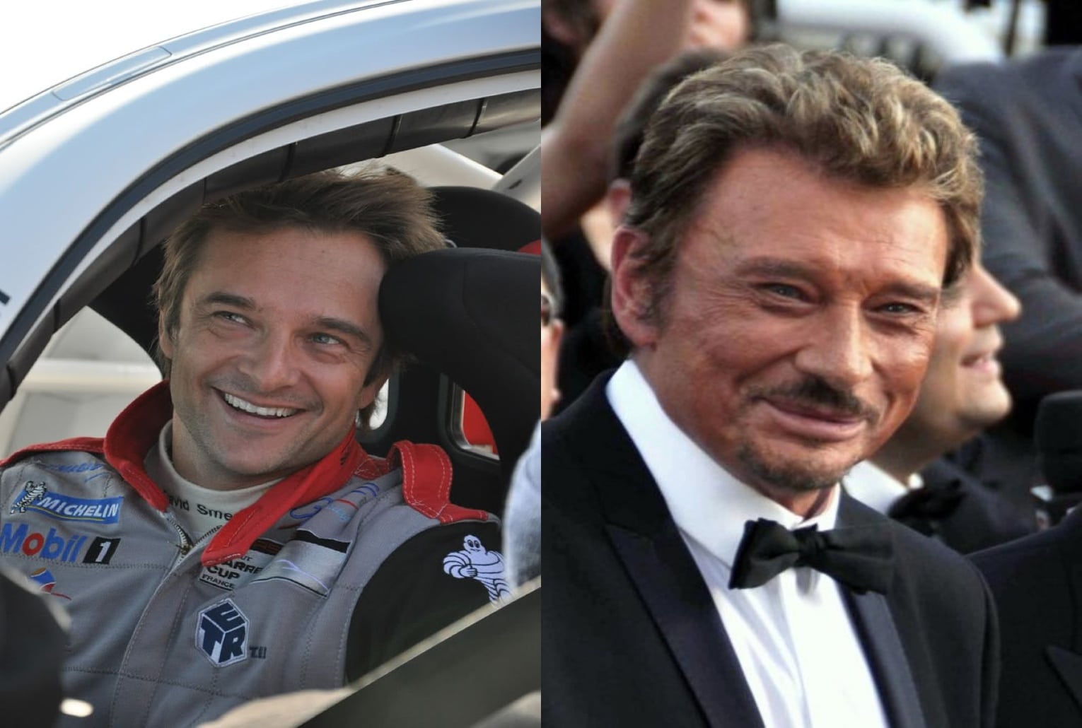 Montage montrant David Hallyday souriant en combinaison de pilote et Johnny Hallyday en smoking, illustrant leur lien père-fils au cœur du spectacle « Requiem pour un fou ».