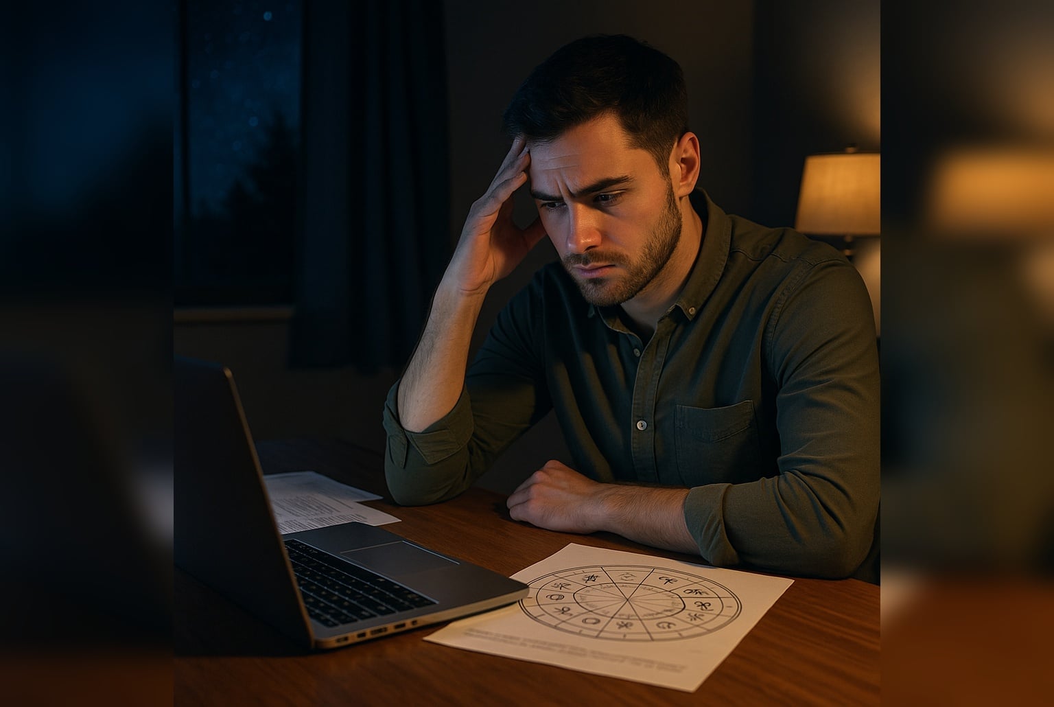 Jeune homme pensif assis à un bureau, consultant un thème astral sur son ordinateur portable tard le soir, hésitant face à une décision importante.