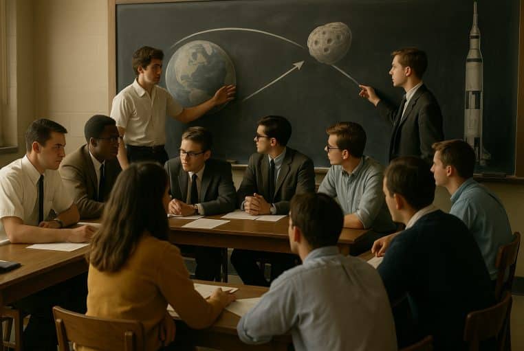 Vingt étudiants en ingénierie des années 1960 discutent devant un tableau montrant la trajectoire d’un astéroïde vers la Terre.