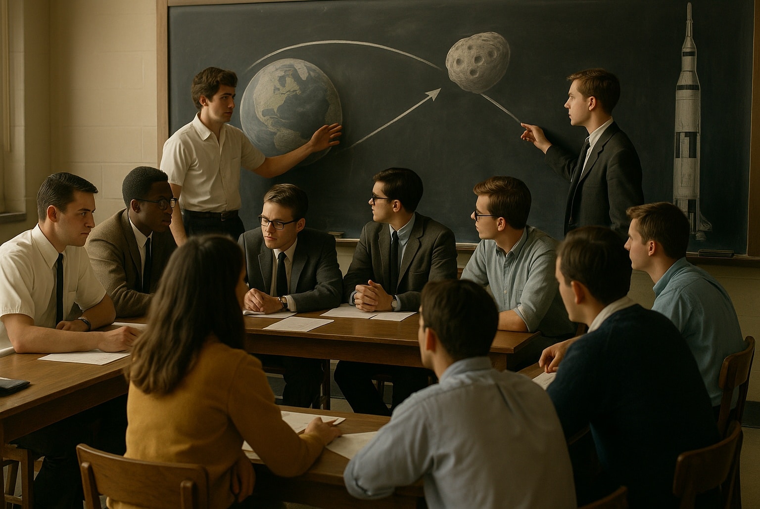Vingt étudiants en ingénierie des années 1960 discutent devant un tableau montrant la trajectoire d’un astéroïde vers la Terre.