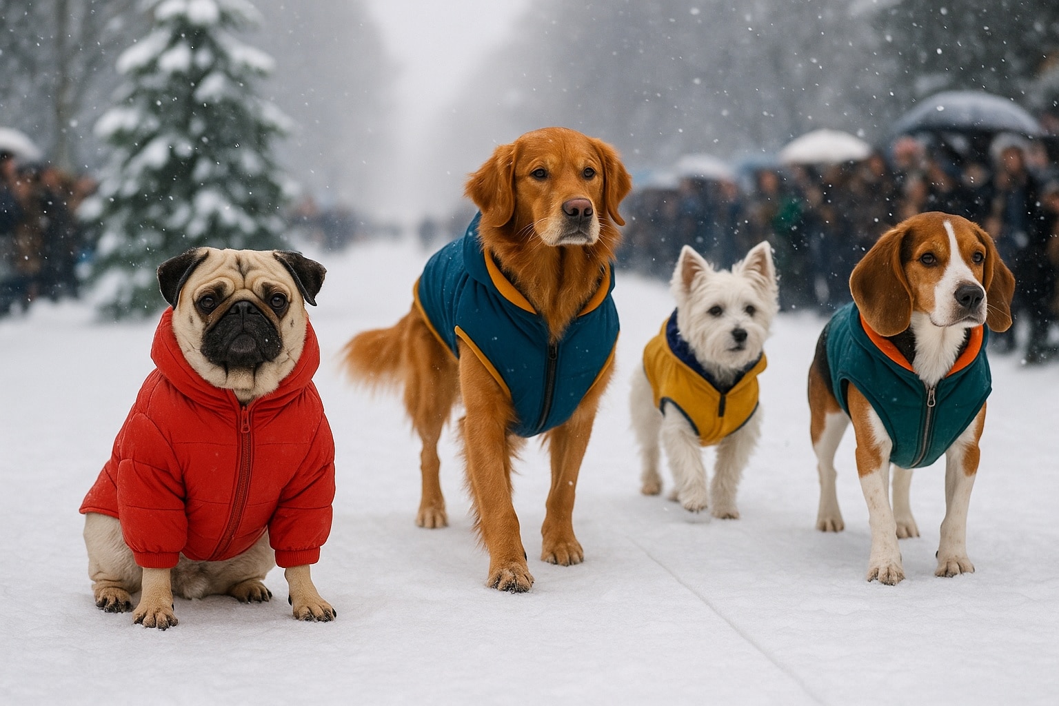 Quatre chiens de races différentes défilent dans la neige en manteaux vifs, avançant sur une allée blanche devant une foule emmitouflée.