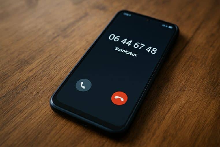 Smartphone posé sur une table en bois affichant un appel entrant d’un numéro suspect en 06, illustrant le risque d’arnaques téléphoniques.