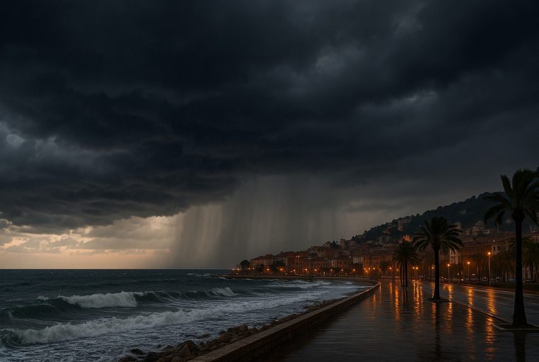 Promenade côtière méditerranéenne sous un ciel d’orage noir, fortes vagues et pluie intense éclairées par les lampadaires.