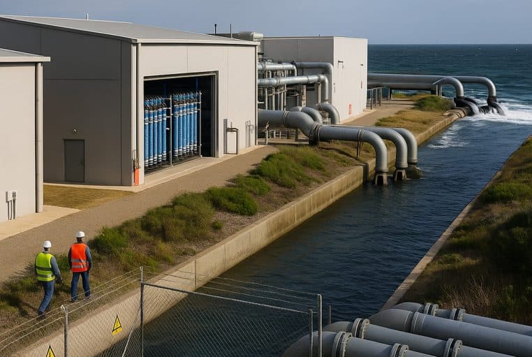 Usine de dessalement en bord de mer, canaux d’aspiration, modules à membranes bleues et tuyaux rejetant la saumure.