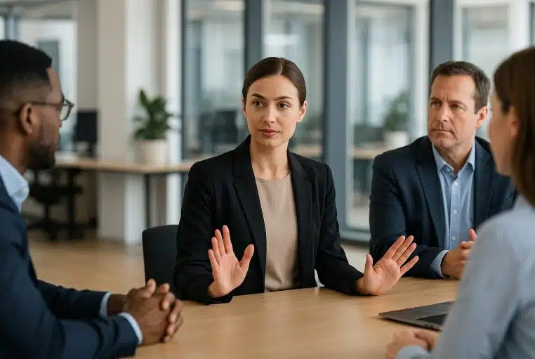 Jeune cadre fixe calmement des limites en réunion, mains ouvertes, collègues attentifs autour d’une table en open space lumineux.