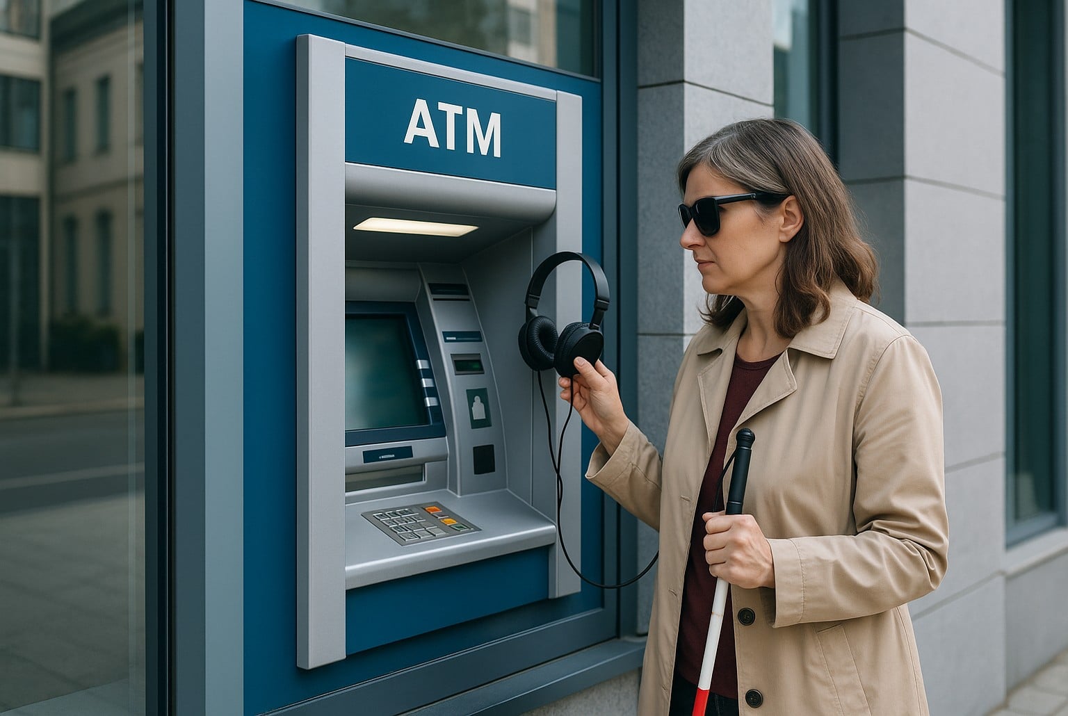 Femme malvoyante avec canne blanche branchant un casque audio sur un distributeur automatique accessible devant une banque moderne.
