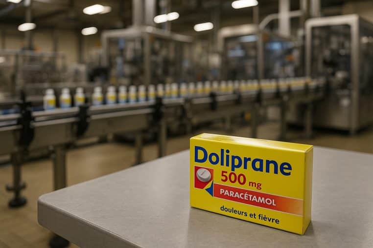 Sur une table grise, une boîte de Doliprane nette au premier plan se détache devant une ligne de production pharmaceutique floutée.