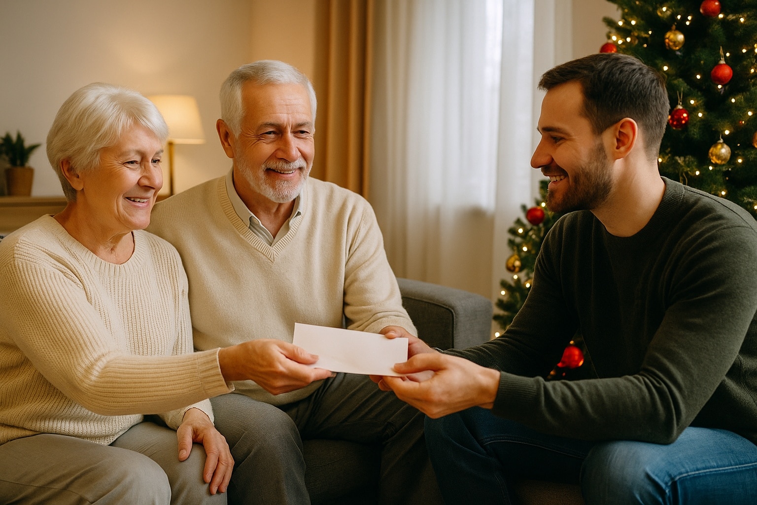 Un couple de grands-parents souriants tend une enveloppe à leur petit-fils assis près d’eux, devant un sapin de Noël décoré dans un salon lumineux.