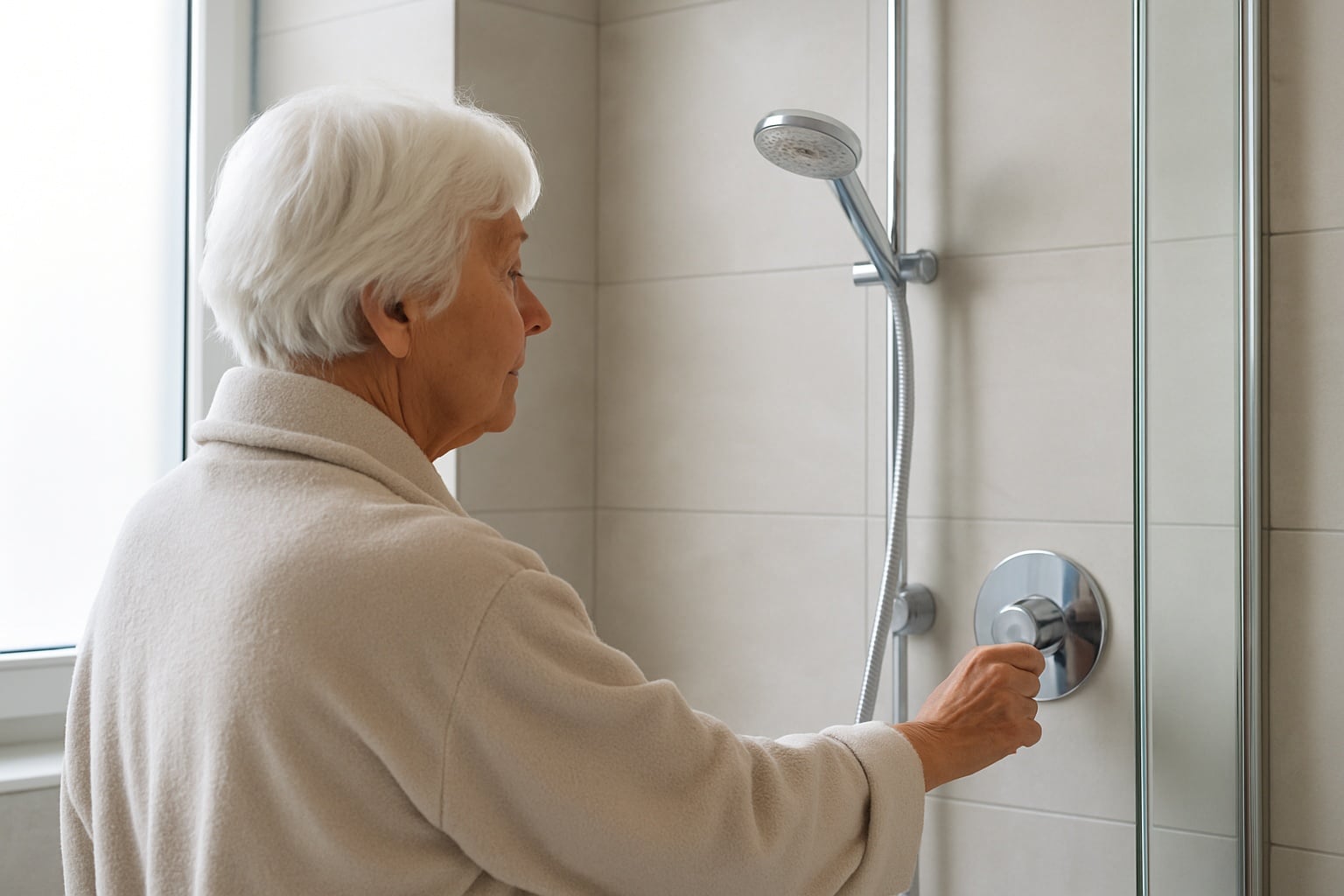 Femme âgée en peignoir beige réglant la température de la douche dans une salle de bain moderne, vue de profil.