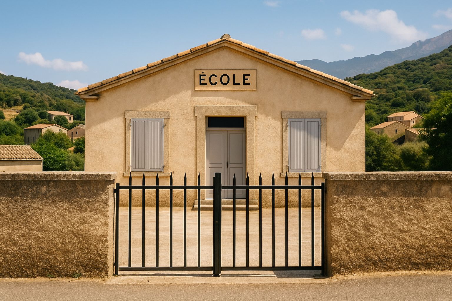 Façade d’une école primaire fermée, volets clos et portail noir, dans un village corse entouré de collines verdoyantes.