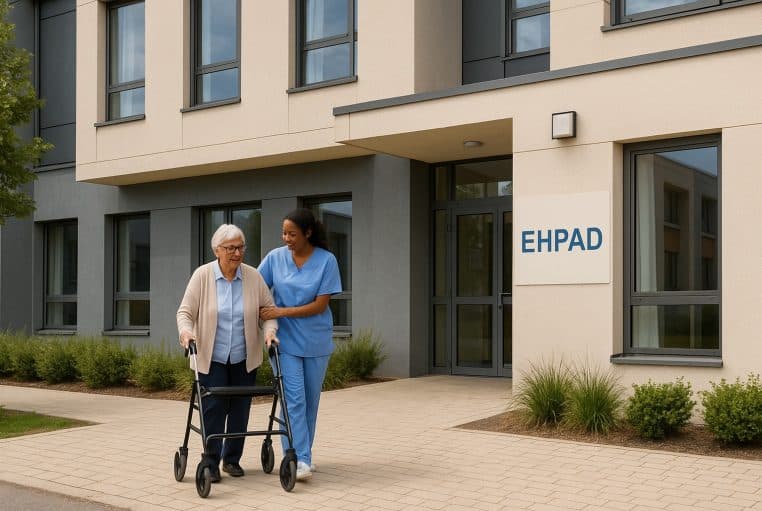 Devant un Ehpad moderne, une aide-soignante accompagne une résidente âgée marchant avec déambulateur vers l’entrée vitrée.