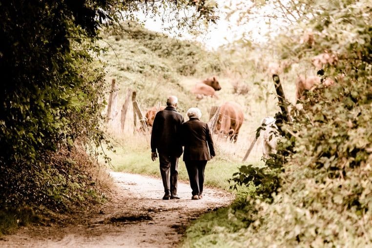 Couple de personnes âgées marchant sur un chemin bordé d’arbres, illustrant le quotidien des retraités vivant à l’étranger