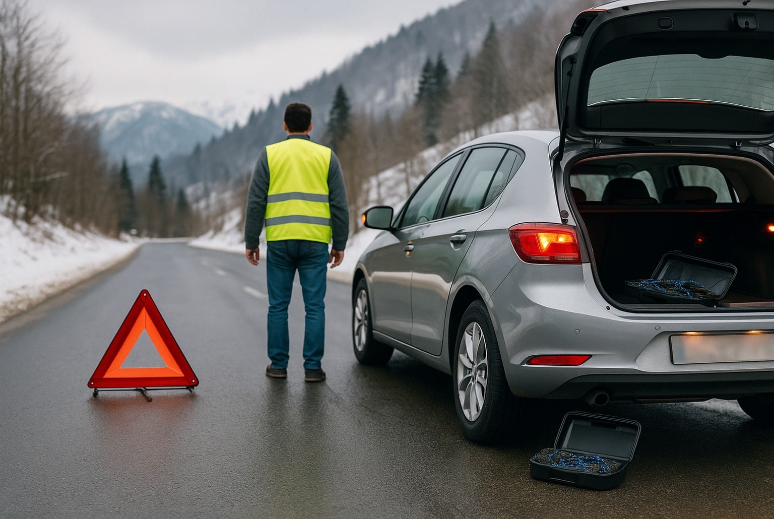 Voiture grise immobilisée sur route de montagne enneigée, triangle rouge au sol et conducteur portant un gilet jaune réfléchissant.