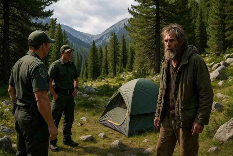 Deux gardes bulgares font face à un homme barbu vivant en ermite près de sa tente dans les montagnes de Pirin.