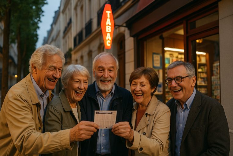 Cinq amis seniors souriants brandissant un ticket d’EuroMillions devant un tabac parisien, en soirée, sous l’enseigne rouge « TABAC ».
