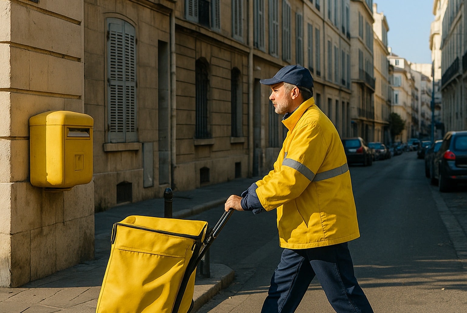 Facteur en veste jaune poussant un chariot postal dans une rue de Marseille, façades haussmanniennes et boîte jaune visibles.
