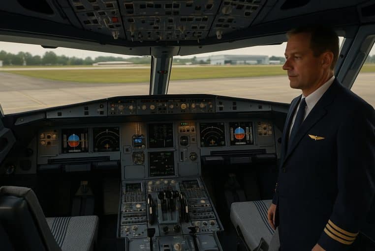 Pilote en uniforme debout dans le cockpit d’un Airbus A320, face au tableau de bord allumé, avec le tarmac visible à travers les vitres