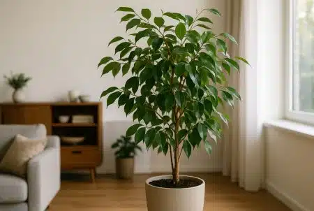 Ficus benjamina en grand pot clair dans un salon lumineux, près d’une fenêtre, illustrant une plante verte star des intérieurs.