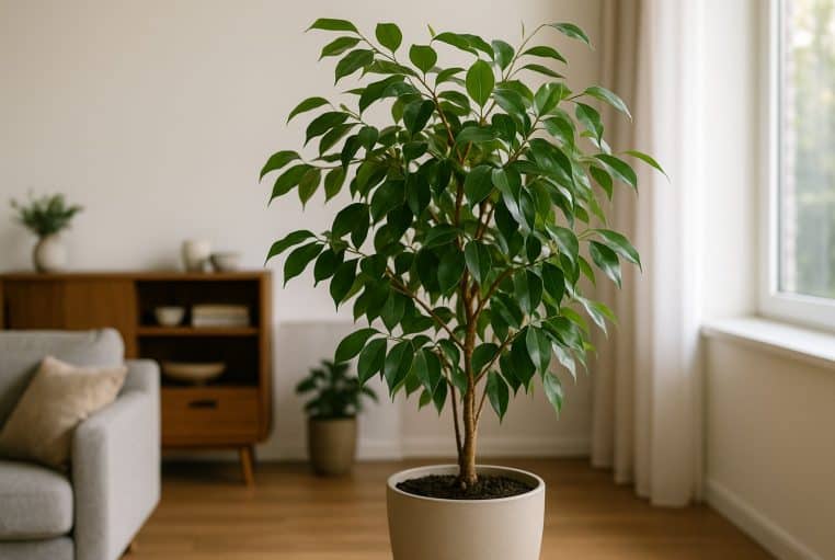 Ficus benjamina en grand pot clair dans un salon lumineux, près d’une fenêtre, illustrant une plante verte star des intérieurs.