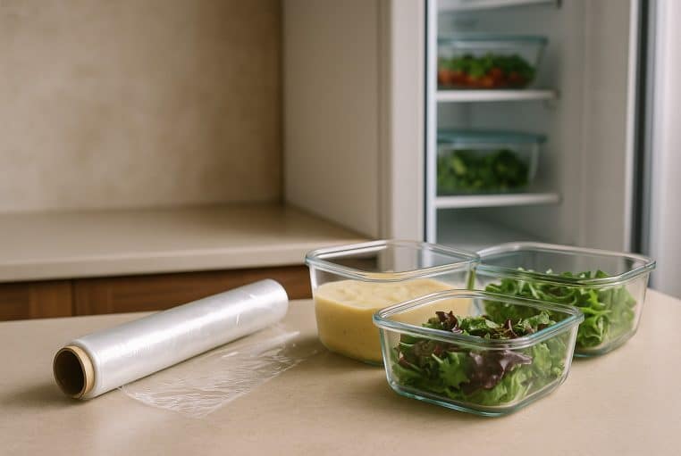 Contre-plongée sur un plan de travail avec un rouleau de film plastique et trois boîtes en verre remplies, frigo entrouvert en arrière-plan légèrement flou.