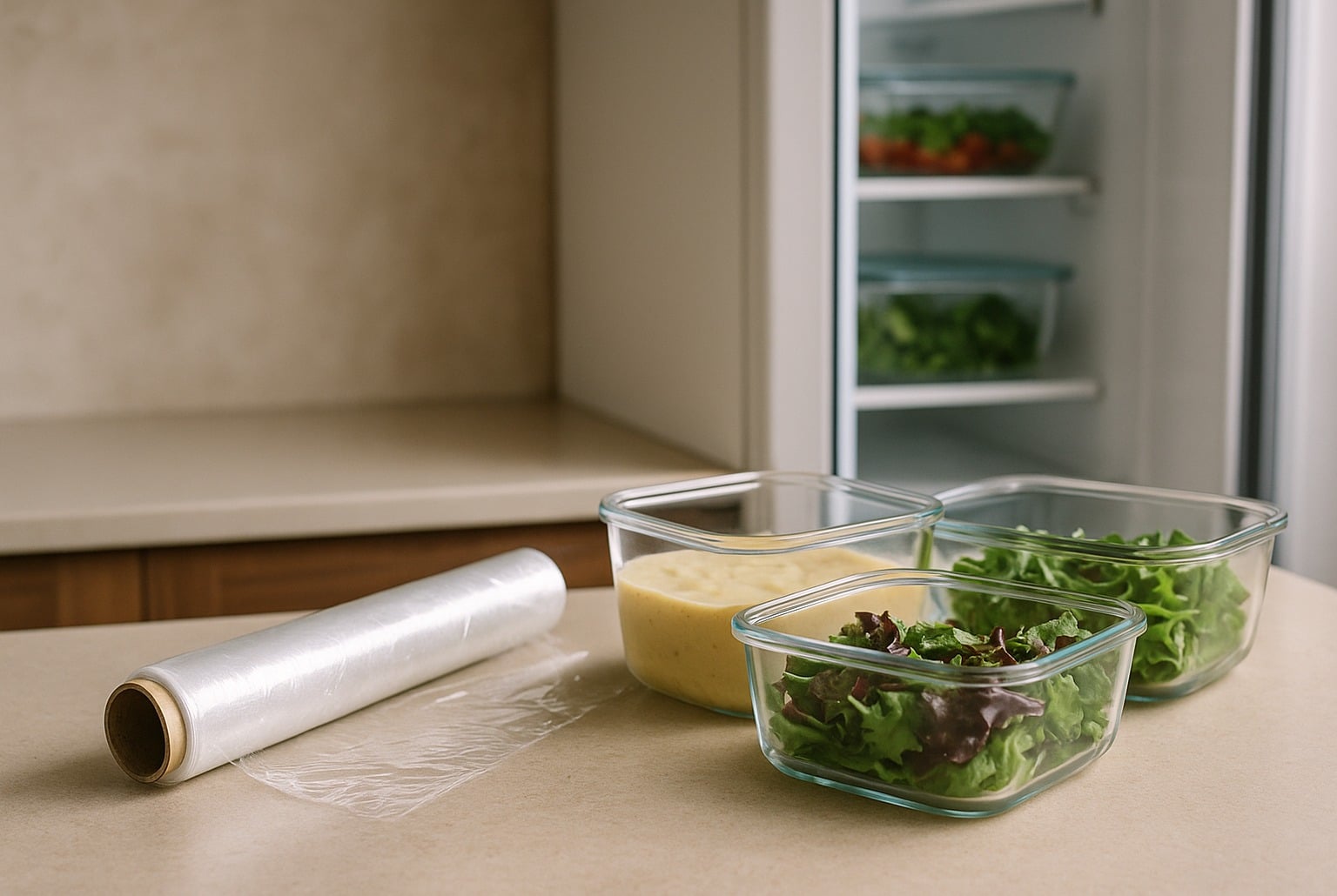 Contre-plongée sur un plan de travail avec un rouleau de film plastique et trois boîtes en verre remplies, frigo entrouvert en arrière-plan légèrement flou.