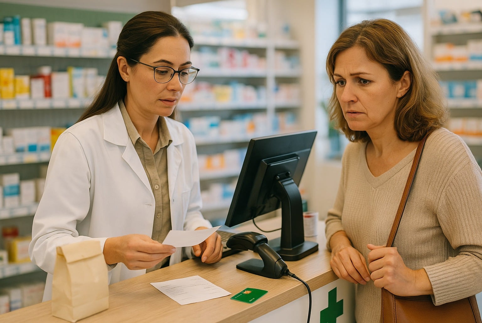 Pharmacienne explique un remboursement à une cliente inquiète au comptoir d’une officine, prescription à la main, écran allumé.
