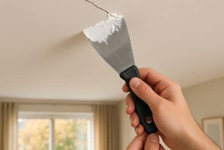 Main appliquant un enduit léger au couteau sur une fissure d’un plafond blanc, gros plan net, salon lumineux en arrière-plan.