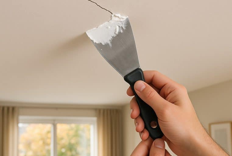 Main appliquant un enduit léger au couteau sur une fissure d’un plafond blanc, gros plan net, salon lumineux en arrière-plan.