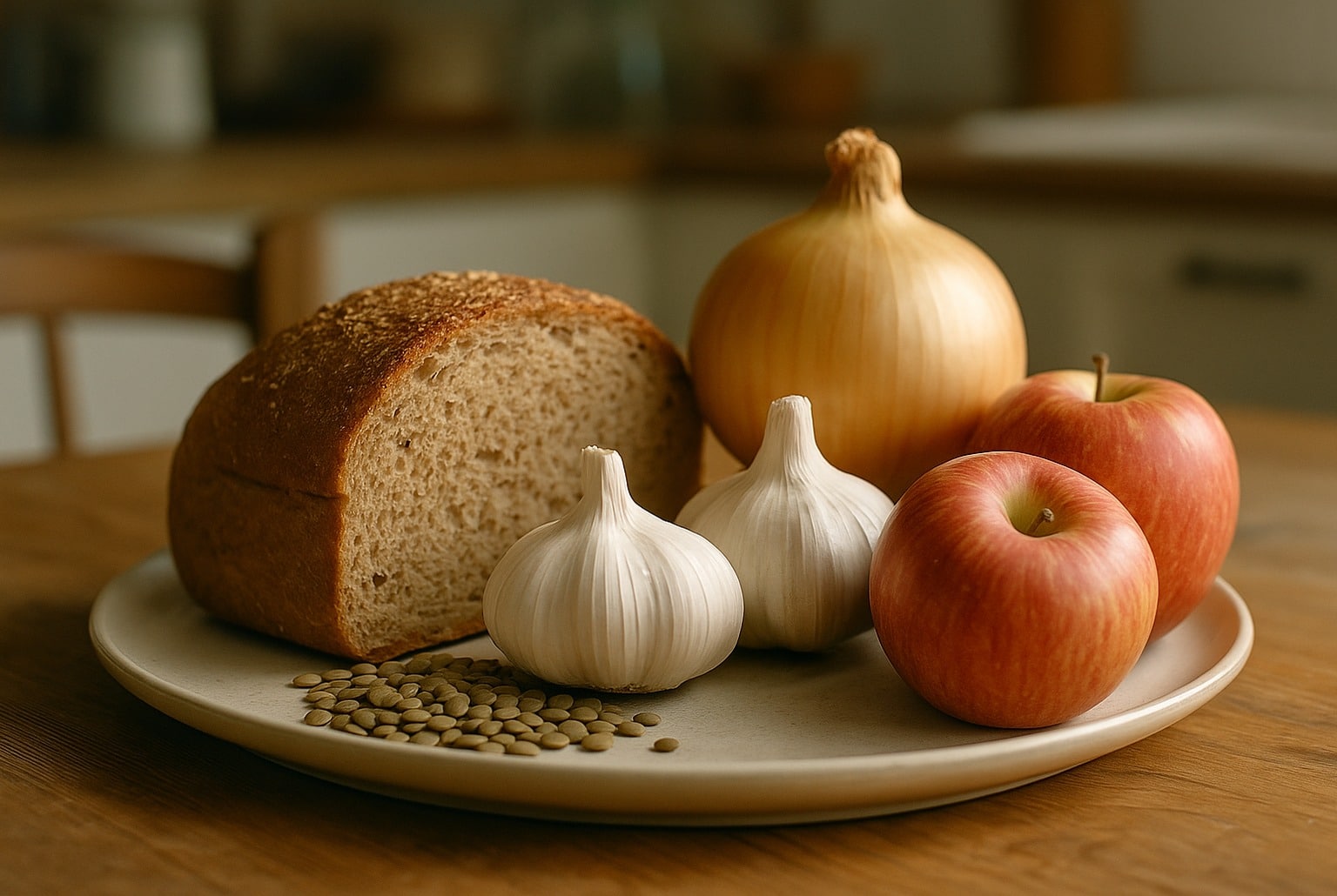Assiette en céramique avec pain au blé, oignon, gousses d’ail, pommes et lentilles, en lumière douce, plan horizontal.
