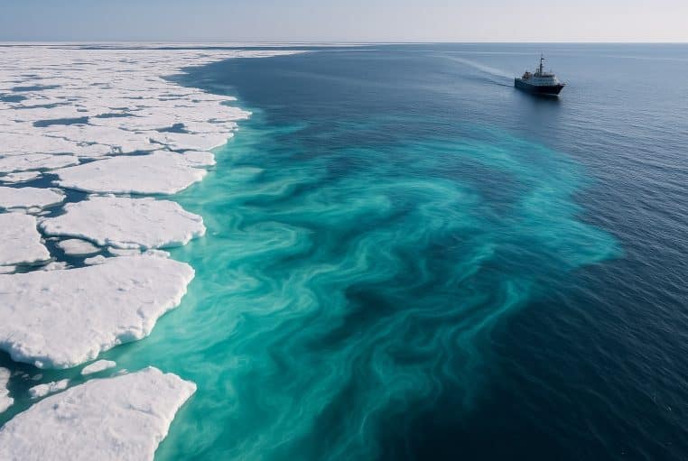 Vue aérienne d’une banquise arctique en fonte, bordée d’eaux turquoise riches en phytoplancton et d’un navire de recherche.