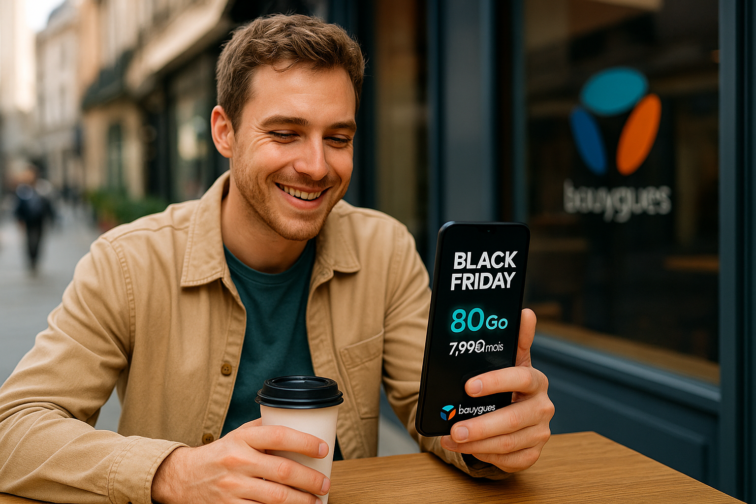 Jeune homme souriant à une terrasse de café, regardant un smartphone affichant une promo Black Friday Bouygues Telecom avec logo discret.