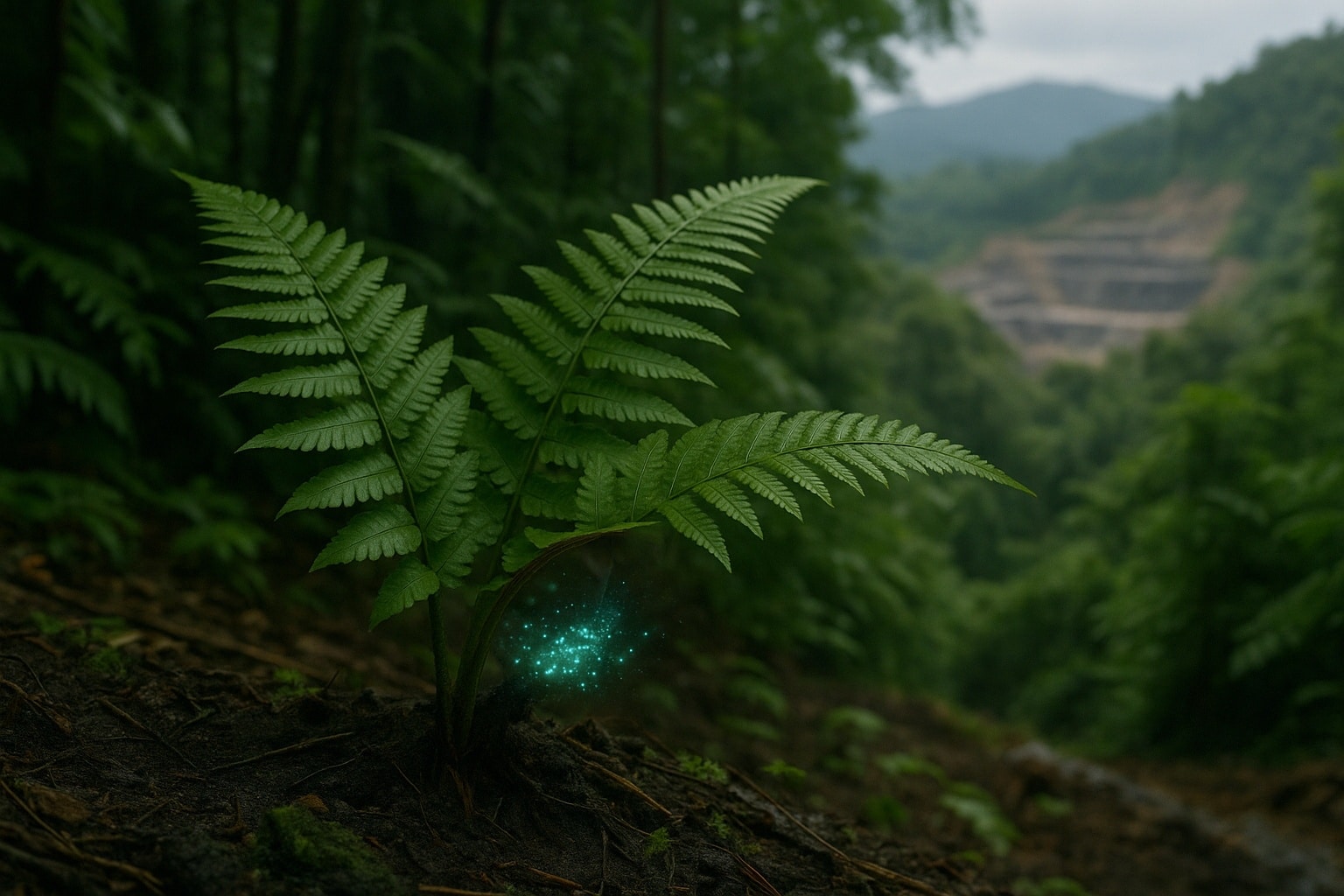 Fougère Blechnum orientale en sous-bois tropical, frondes vertes et lueur au sol évoquant la présence de terres rares.