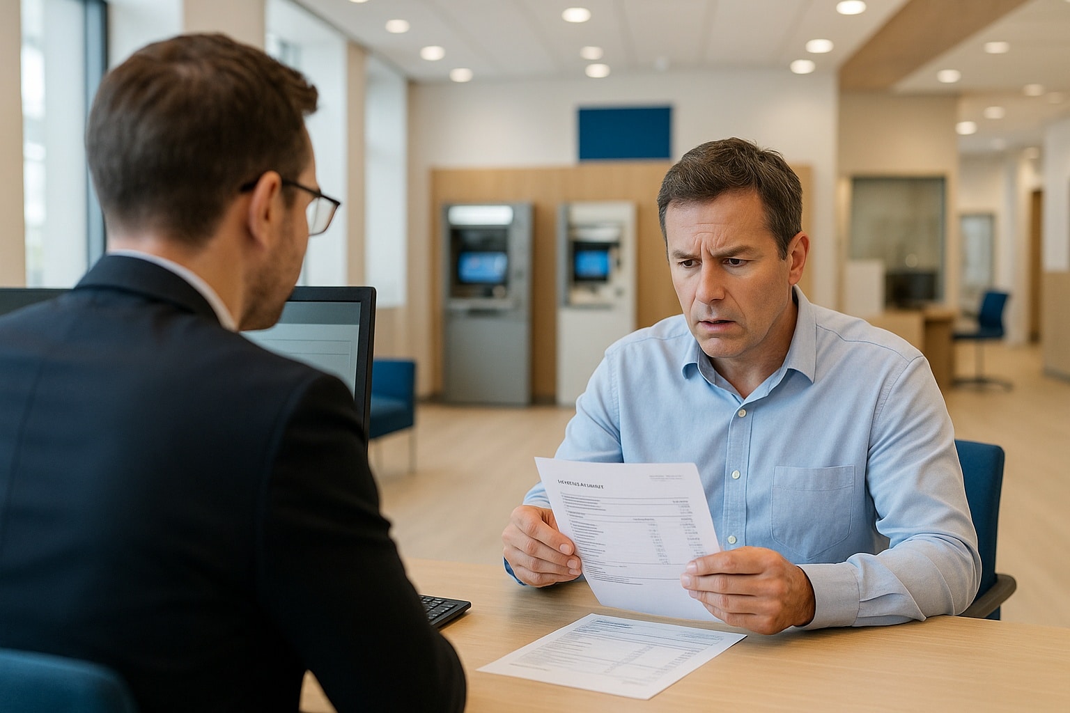 Client assis face à un conseiller bancaire dans une agence moderne, examinant un relevé de compte aux frais contestés.