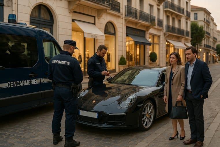Deux gendarmes contrôlent un couple devant une voiture de sport noire dans une rue commerçante chic au coucher du soleil