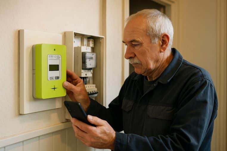 Électricien senior en bleu de travail inspectant un compteur Linky vert dans un couloir, smartphone en main.