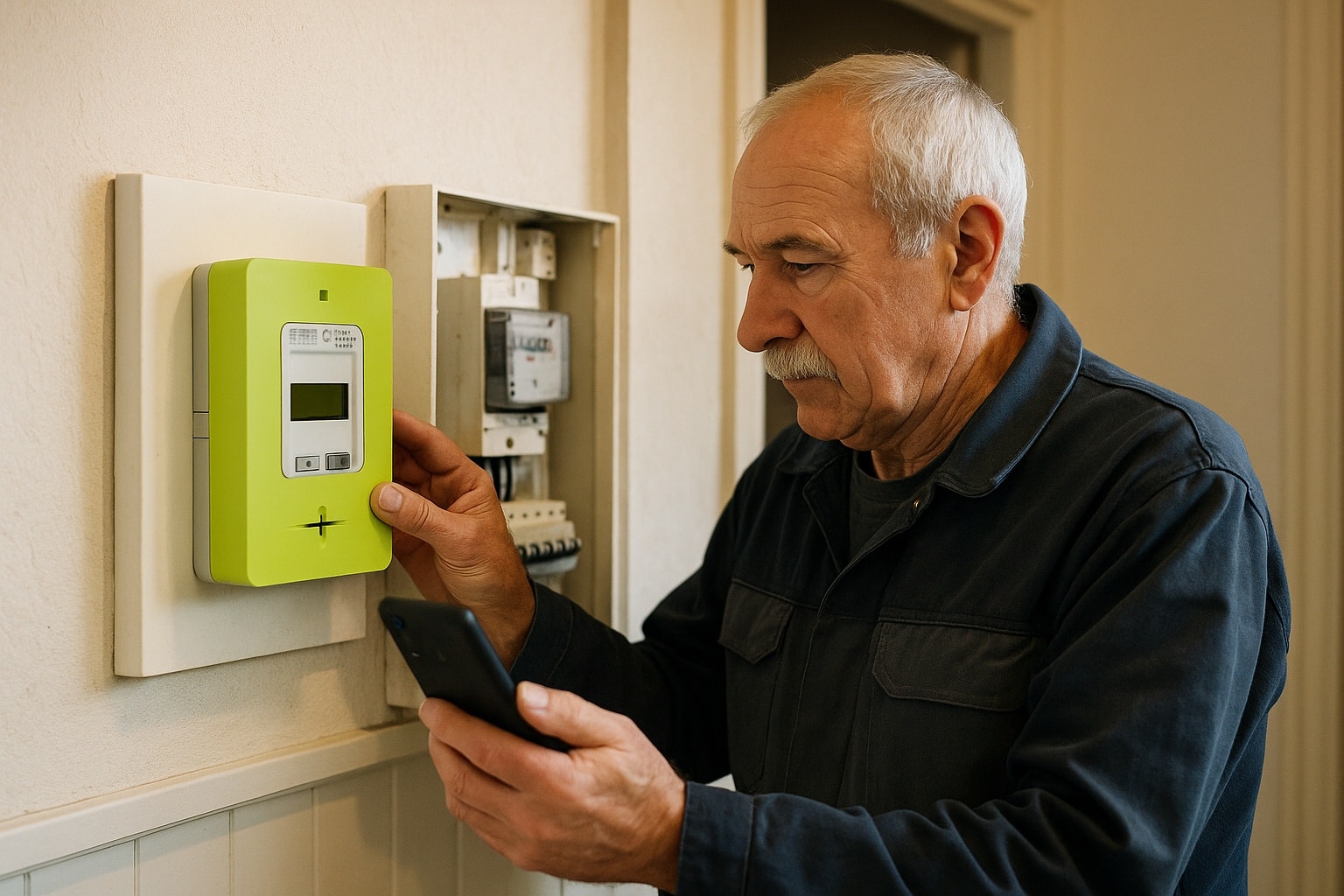 Électricien senior en bleu de travail inspectant un compteur Linky vert dans un couloir, smartphone en main.