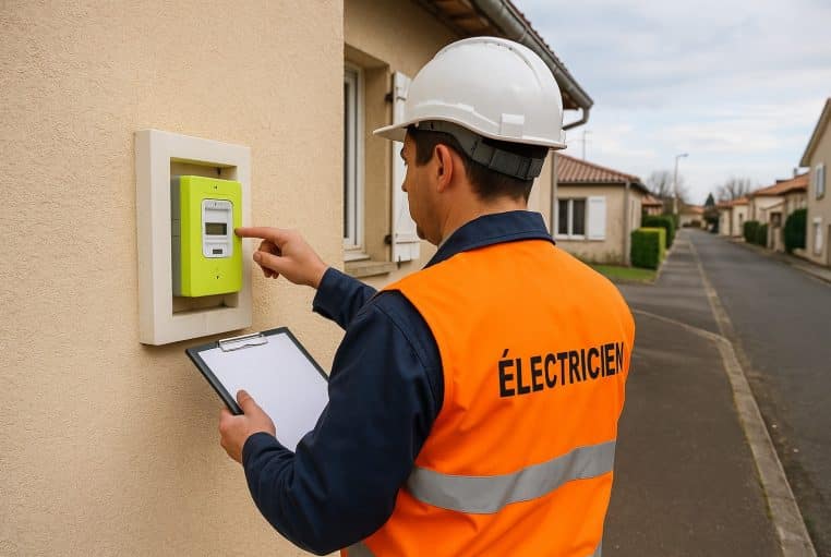 Un technicien en gilet orange contrôle un compteur Linky vert installé sur le mur d’une maison dans un quartier résidentiel.