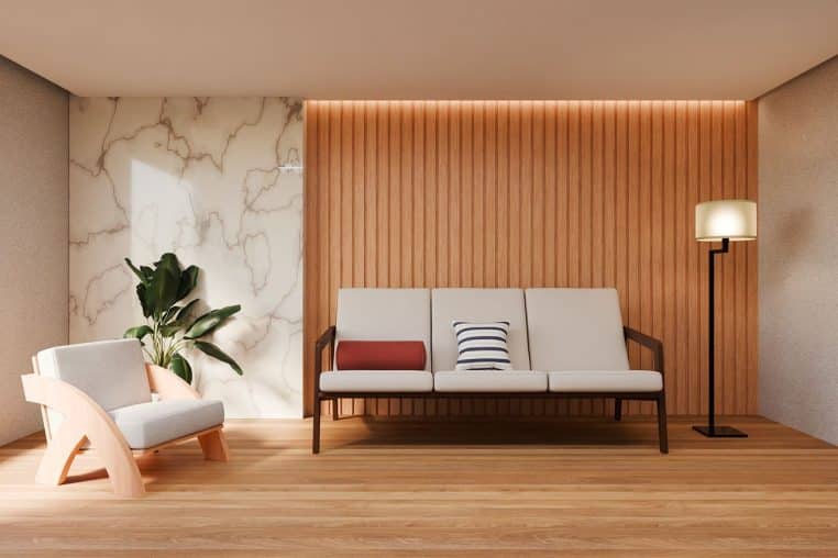 Illustration 3D d’un salon moderne avec canapé et fauteuil, évoquant les deux foyers où l’enfant alterne sa vie quotidienne.