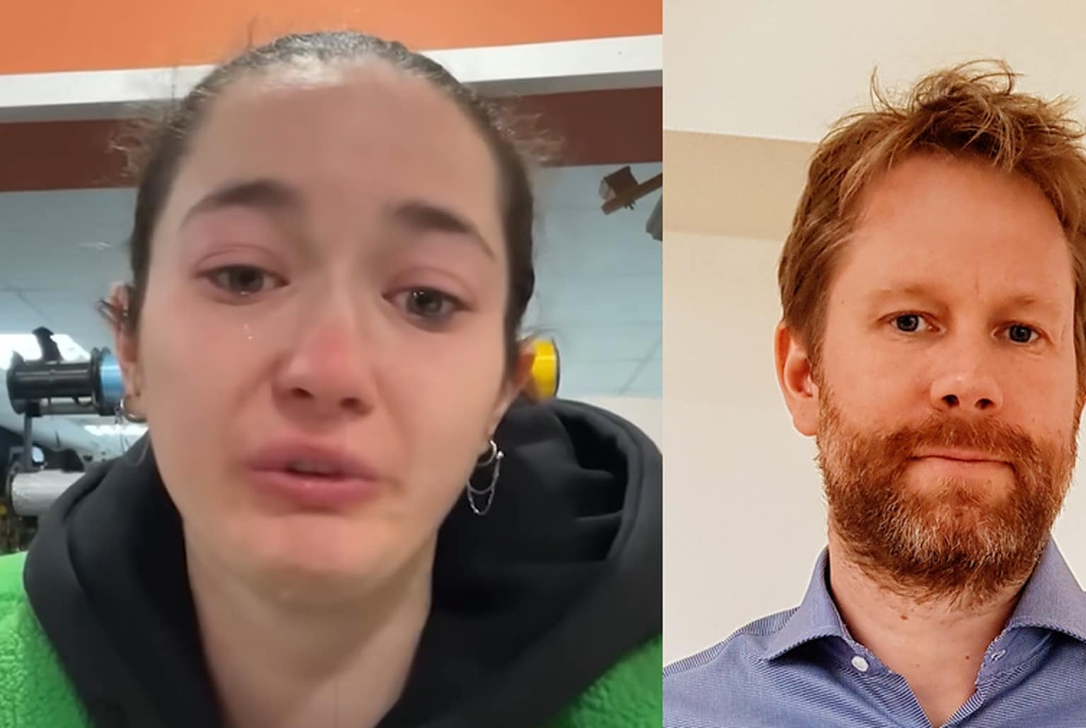 Montage horizontal : à gauche, Juliette en larmes dans sa boutique de fleurs ; à droite, le portrait d’Éric Larchevêque en intérieur.