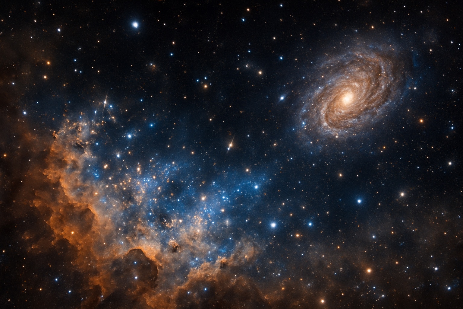 Vue artistique d’une galaxie spirale et d’une nébuleuse colorée, illustrant la formation d’étoiles dans le cosmos lointain