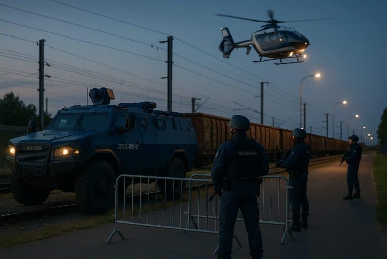 Au crépuscule, trois gendarmes sécurisent une voie ferrée ; un Centaure protège la zone tandis qu’un hélicoptère survole le convoi.