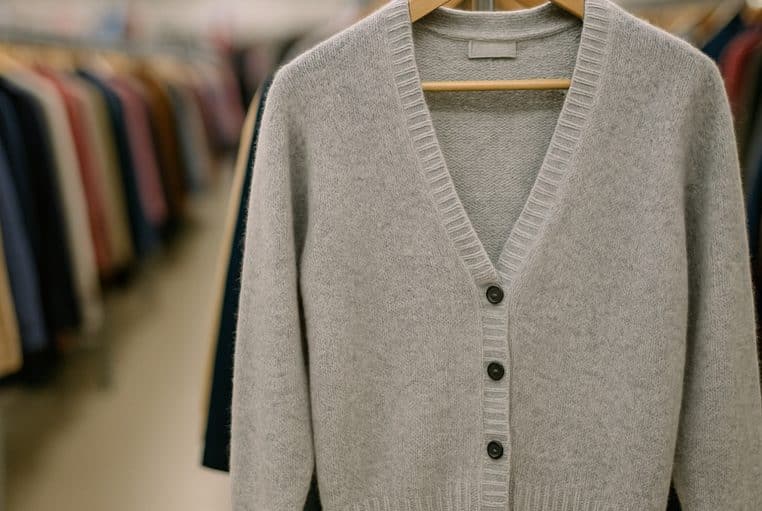 Cardigan gris clair en laine et cachemire suspendu sur cintre en friperie, focus texture, arrière-plan flou.