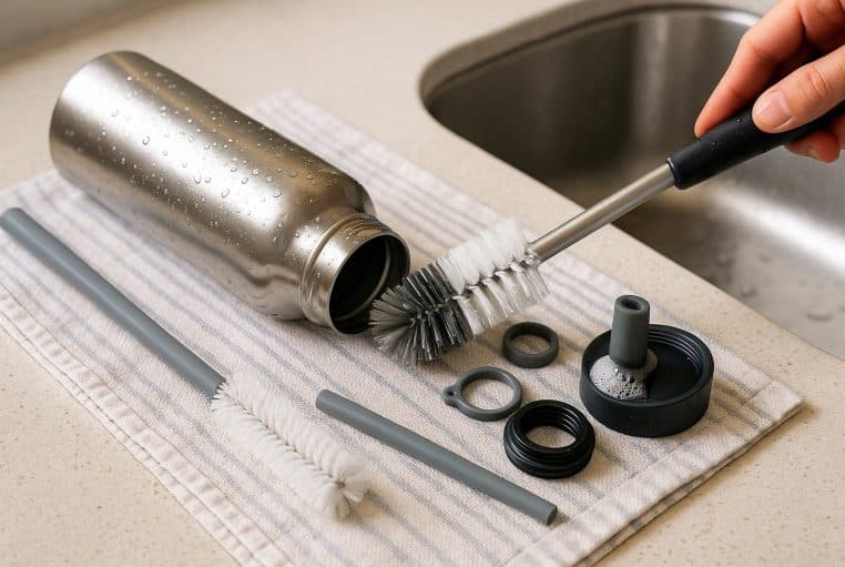Gourde en inox démontée pour lavage, brosses et joints visibles sur torchon près de l’évier, lumière naturelle douce.