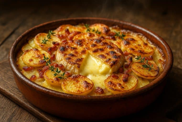 Gratin de pommes de terre au camembert coulant, lardons et thym, doré en plat en terre cuite