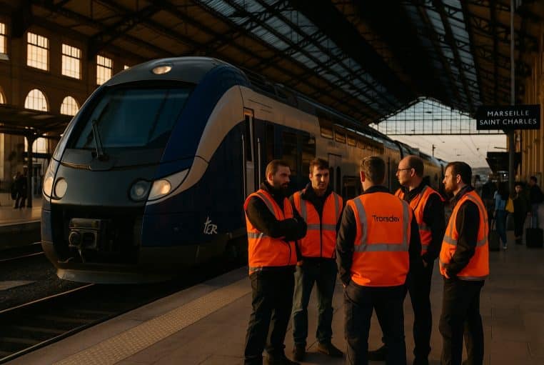 Rame TER à Marseille-Saint-Charles au crépuscule, cinq agents en gilets orange échangent sous la verrière.