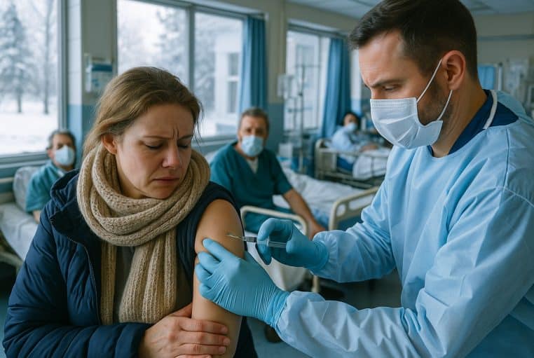 Une soignante masquée injecte un vaccin contre la grippe à une femme inquiète dans une salle d’hôpital bondée en plein hiver.