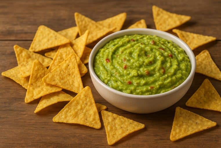Bol de guacamole épicé entouré de nachos triangulaires sur une table en bois, prêt à être dégusté lors d’un apéritif convivial.